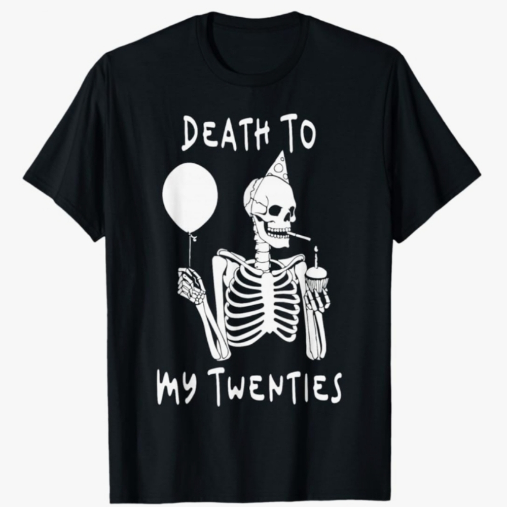 Black Skeleton Birthday Death To My Twenties Graphic Tee Size XL NWT P2P 24 In
